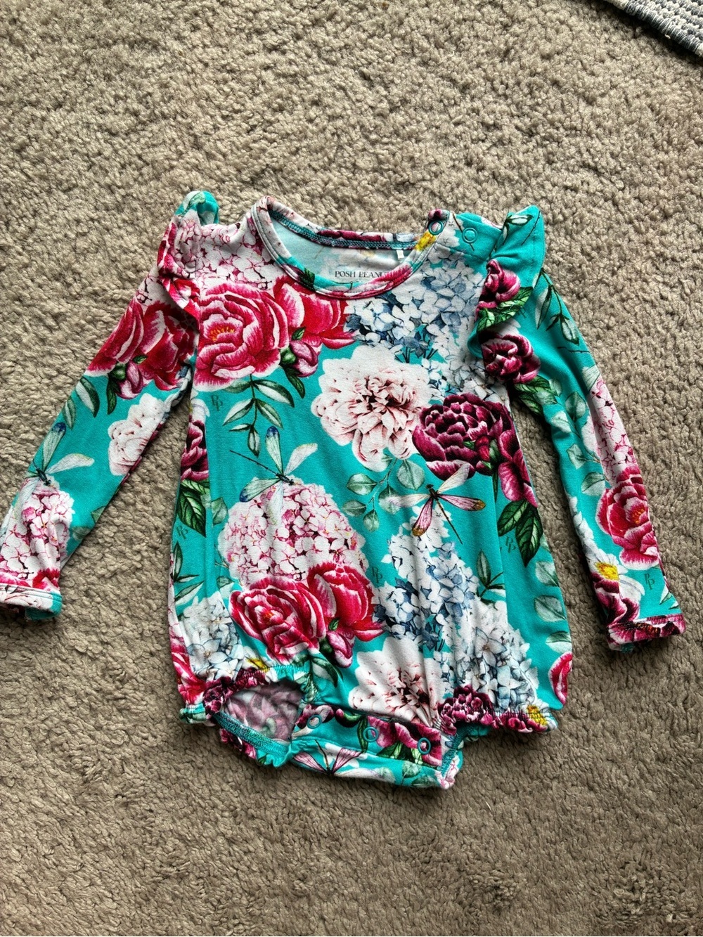 Posh Peanut Turquoise Floral Ruffle Long-Sleeve Bubble Baby Romper Bamboo